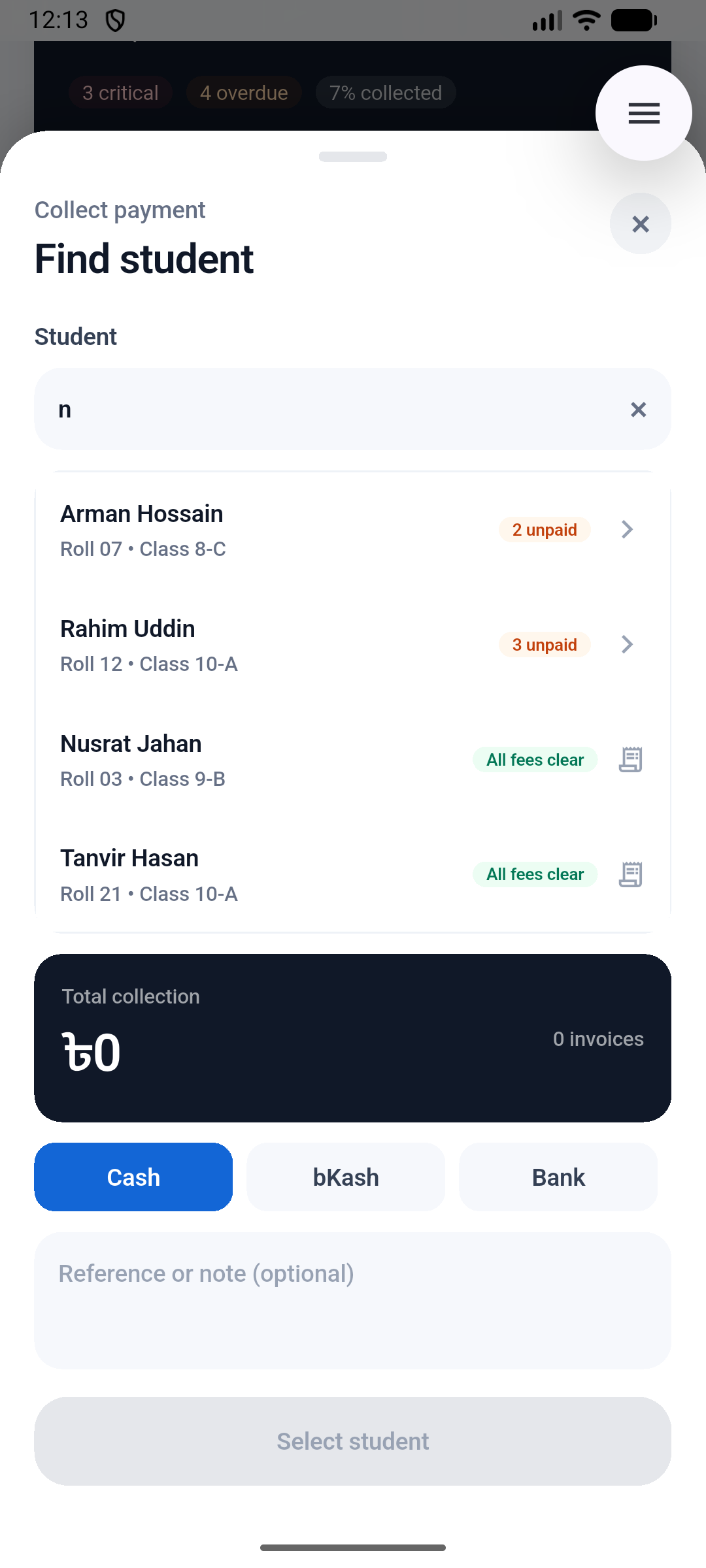 Prottoy OS fee collection screen for finding a student and recording payment