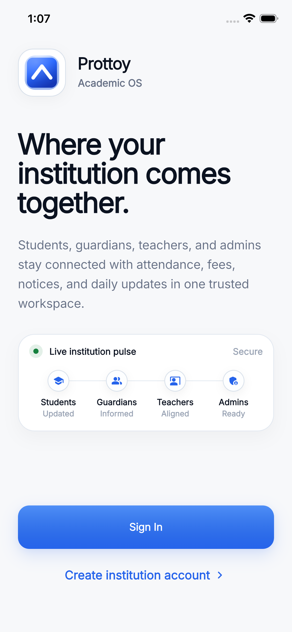 Prottoy OS welcome screen connecting students, guardians, teachers, and admins